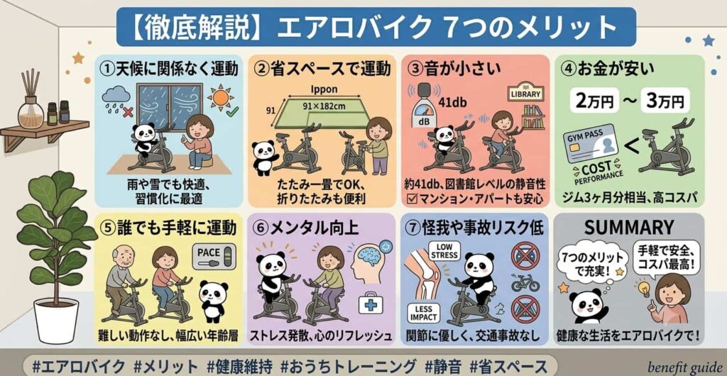 エアロバイクのメリット7つをイラスト化