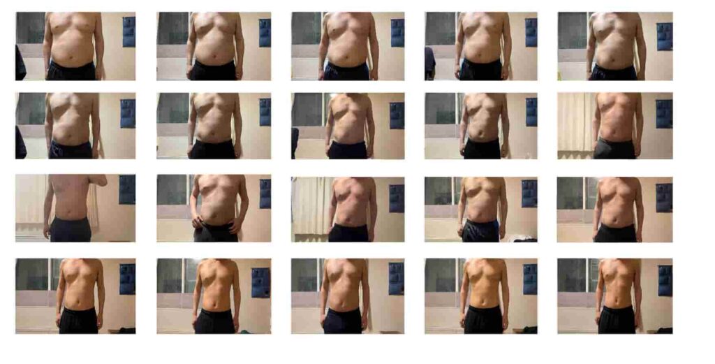 alt="エアロバイクダイエット ビフォーアフター 77.7kg→65.0kg 正面・横向きの経過写真コラージュ"